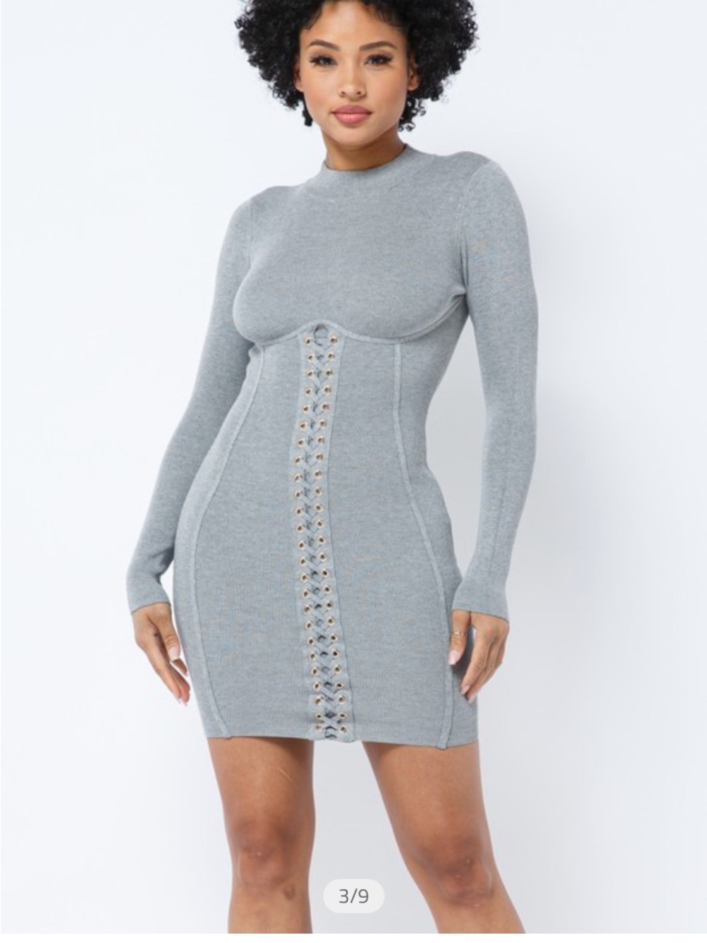 Long-Sleeve Grey Lace-Up Bodycon Dress